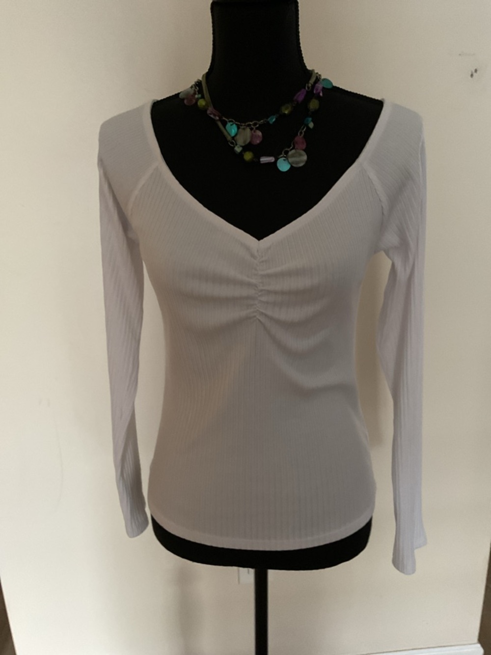 Women's White Ribbed Long-Sleeve Top